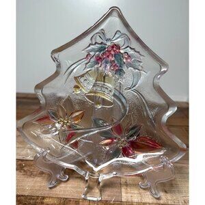 Vintage Crystal Glass Christmas Tree-Shaped Candy Dish With Poinsettia Design